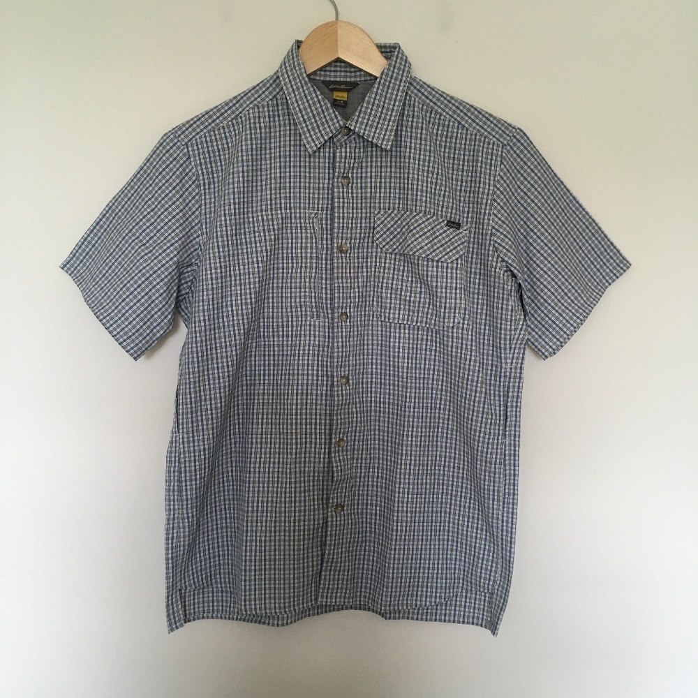 Eddie Bauer Travex Shirt Short Sleeve Button Up Mens Sz M Blue Plaid Vented